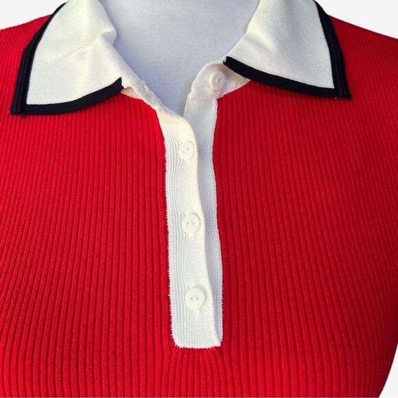ELIE TAHARI womens S Navy/Red Tipped Polo Ribbed Pullover Top - Picture 3 of 6